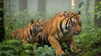 harimau-sedang-mengajar-anaknya-berburu