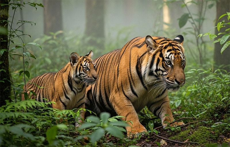 harimau-sedang-mengajar-anaknya-berburu